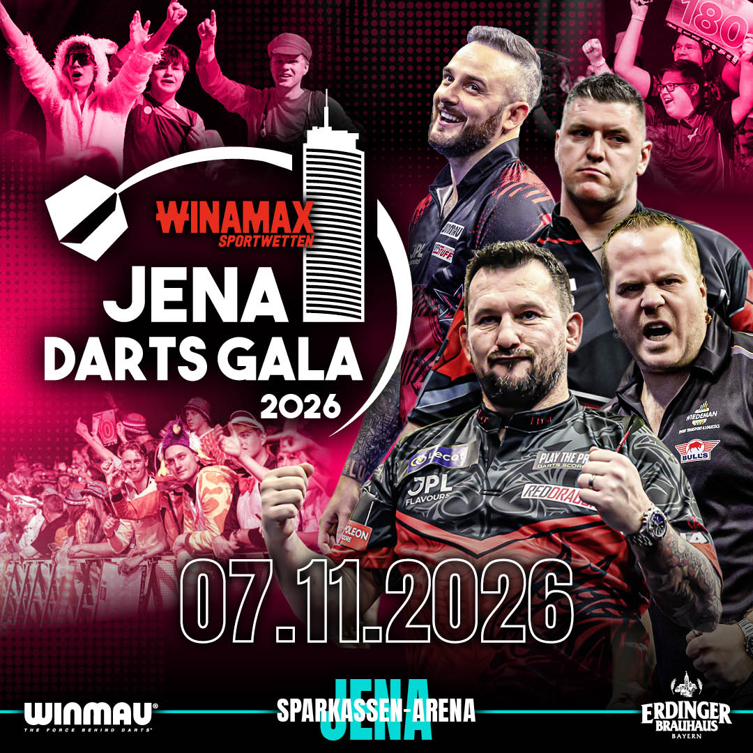Eventgrafik der Jena Darts Gala 2026 in der Sparkassen-Arena in Jena. Zeigt Dirk van Duijvenbode, Joe Cullen, Daryl Gurney und Jonny Clayton.