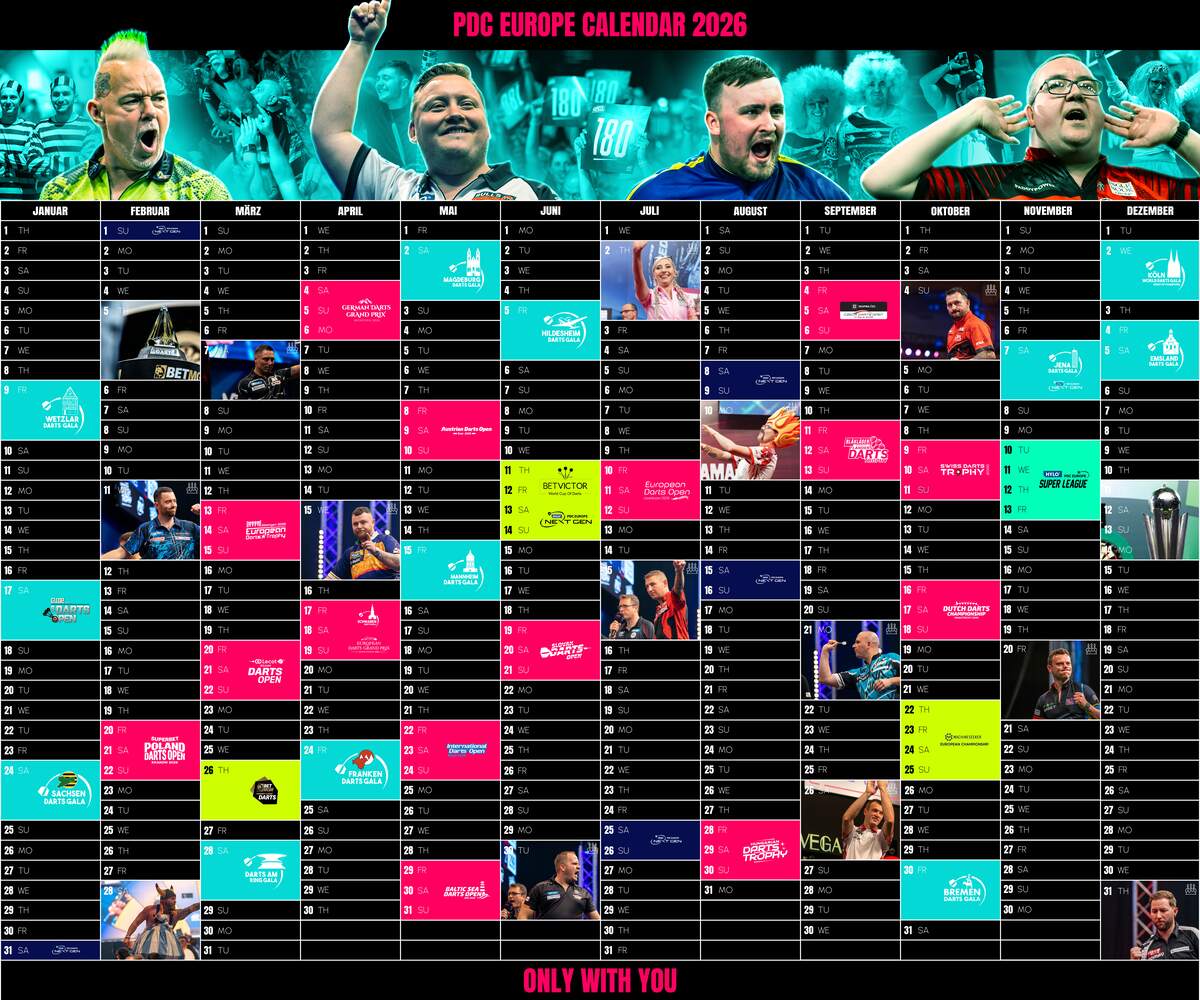 PDC Europe Calendar 2026 with all events and individual birthdays.