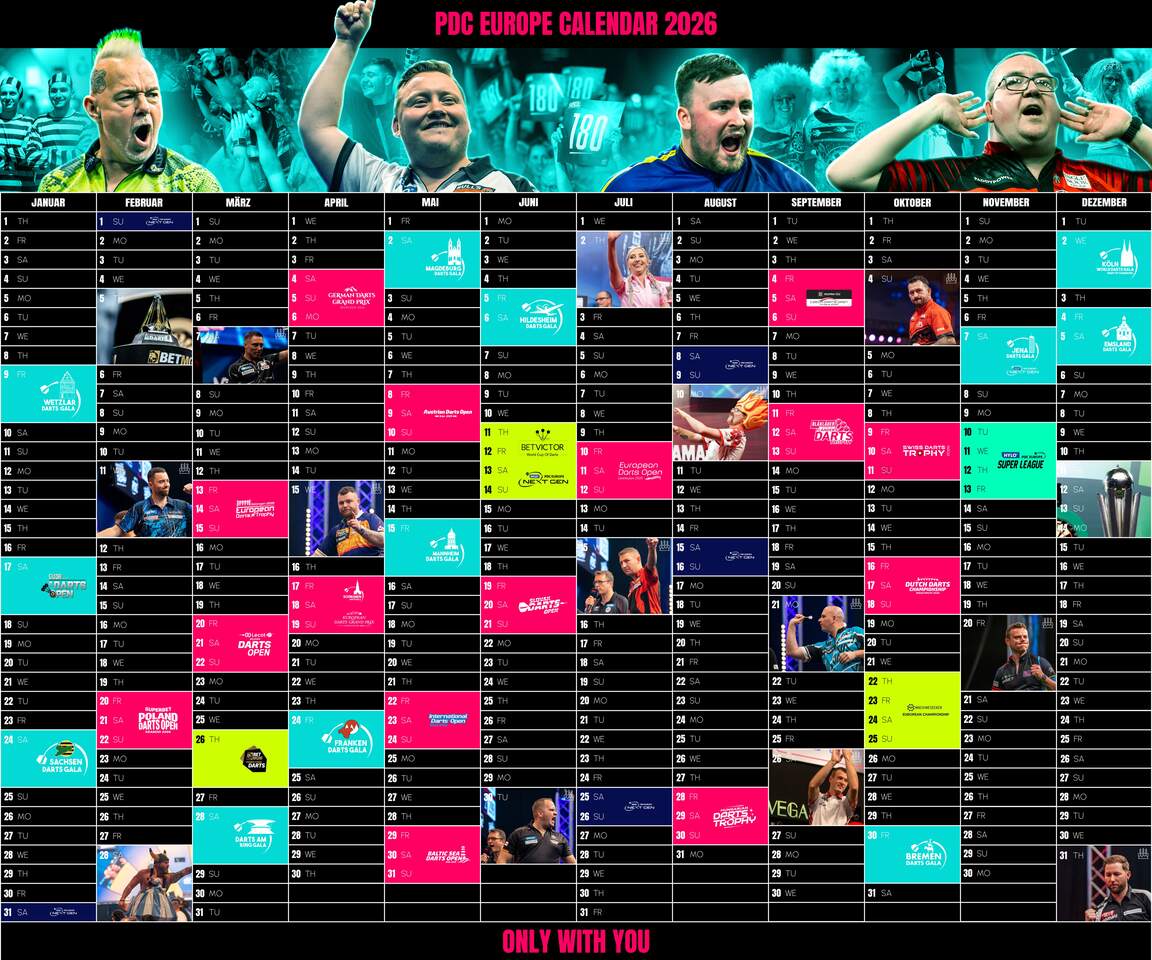 PDC Europe Calendar 2026 with all events and individual birthdays.