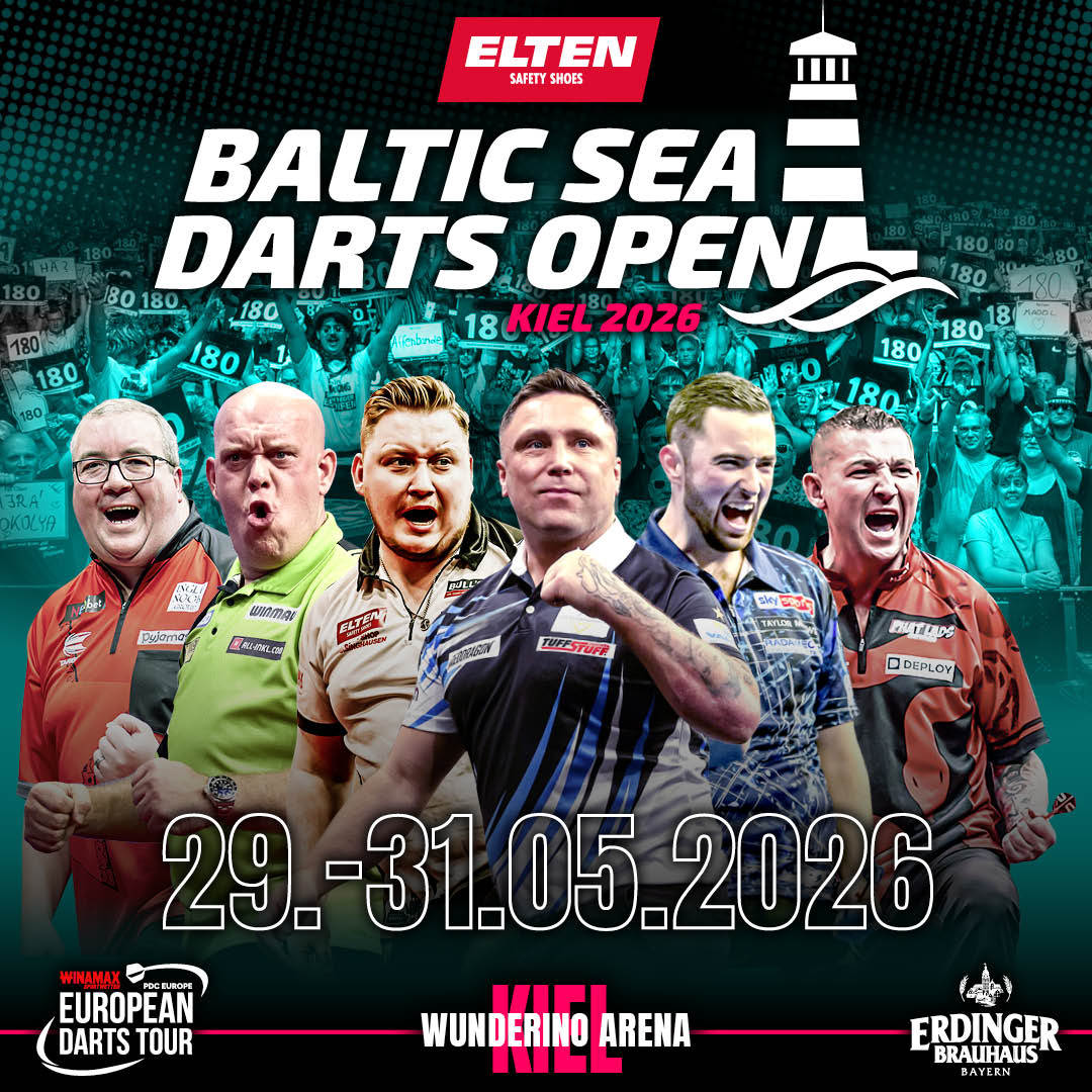 Eventgrafik der Baltic Sea Darts Open 2026 in der Wunderino Arena in Kiel. Zeigt Stephen Bunting, Michael van Gerwen, Martin Schindler, Gerwyn Price, Luke Humphries und Nathan Aspinall.