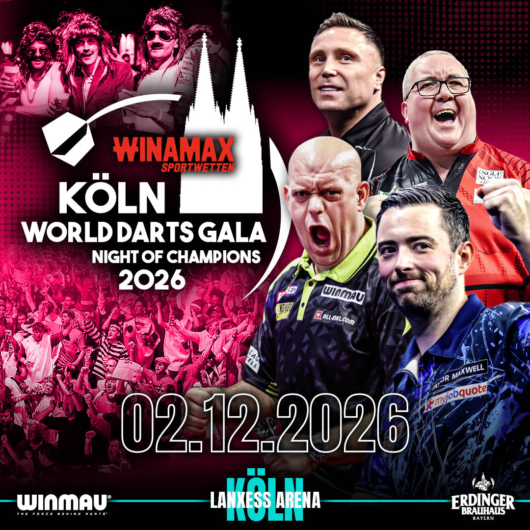 Eventgrafik der Köln World Darts Gala 2026 in der Lanxess Arena in Köln. Zeigt Gerwyn Price, Michael van Gerwen, Luke Humphries und Stephen Bunting.