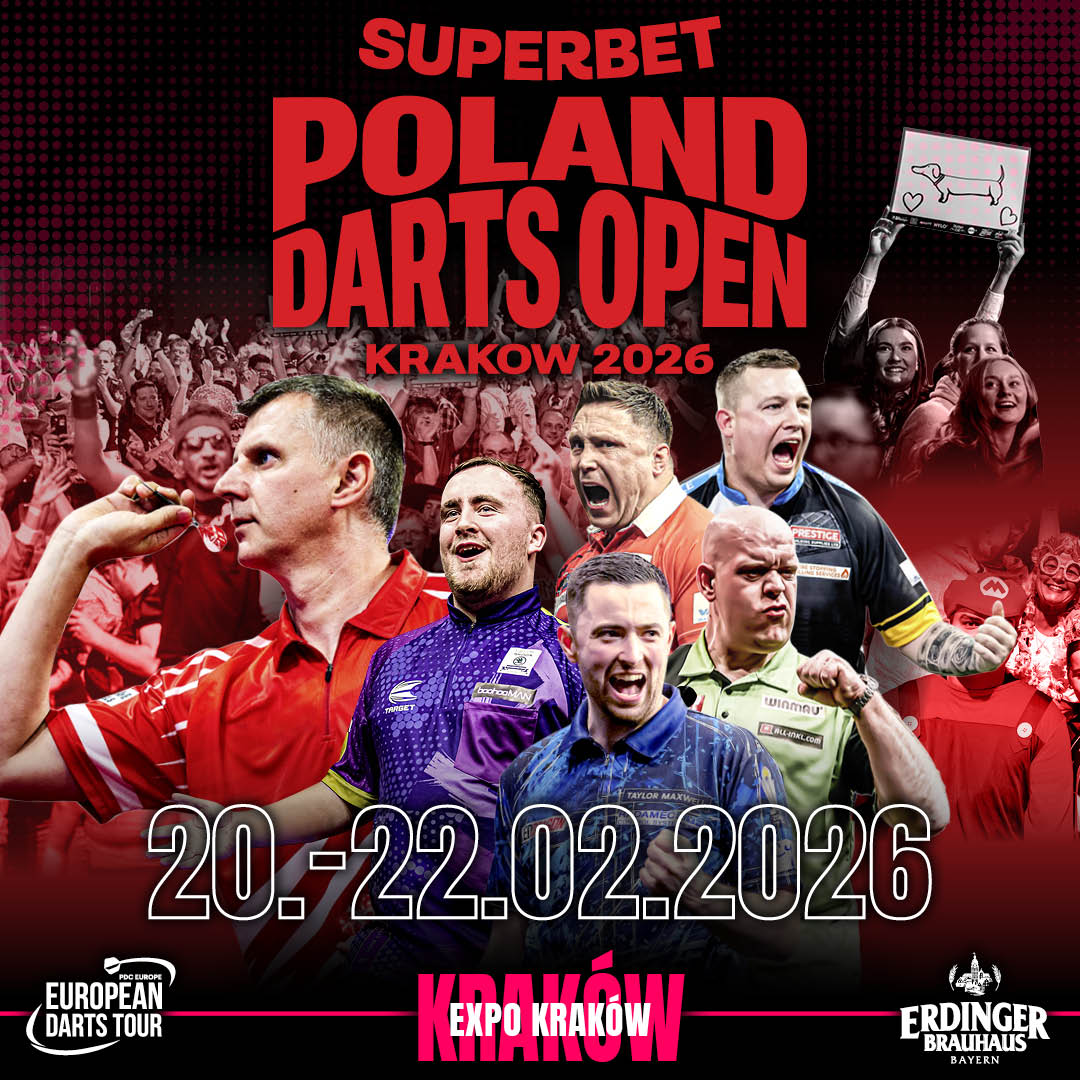 Eventgrafik der Poland Darts Open 2026 im EXPO Kraków in Krakau. Zeigt Krzysztof Ratajski, Luke Littler, Gerwyn Price, Chris Dobey, Luke Humphries und Michael van Gerwen.