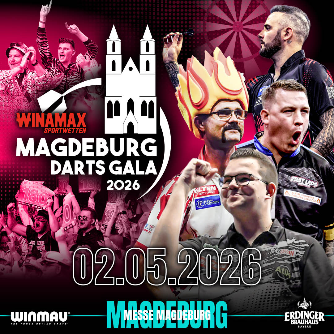 Eventgrafik der Magdeburg Darts Gala 2026 in der Messe Magdeburg. Zeigt Joe Cullen, Gian van Veen, Damon Heta und Chris Dobey.