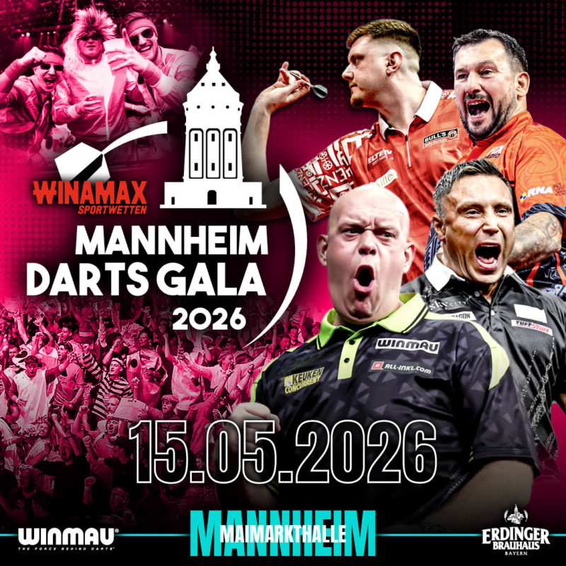Eventgrafik der Mannheim Darts Gala 2026 in der Maimarkthalle. Zeigt Niko Springer, Jonny Clayton, Michael van Gerwen und Gerwyn Price.