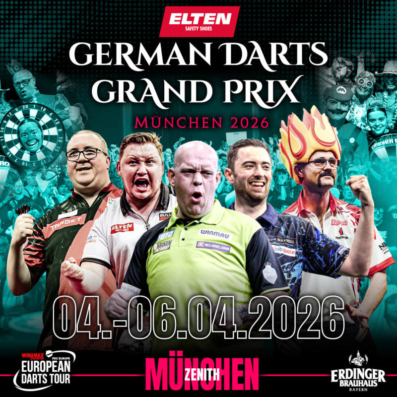 Eventgrafik des German Darts Grand Prix 2026 im Zenith in München. Zeigt Stephen Bunting, Martin Schindler, Michael van Gerwen, Luke Humphries und Damon Heta.