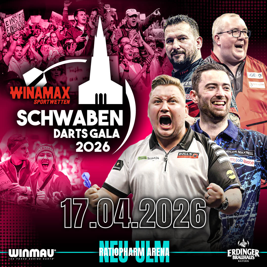 Eventgrafik der Schwaben Darts Gala 2026 in der ratiopharm Arena in Neu-Ulm. Zeigt Jonny Clayton, Martin Schindler, Luke Humphries und Stephen Bunting.