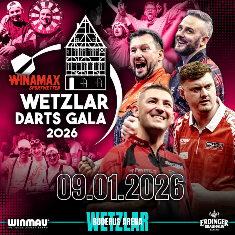 Eventgrafik der Wetzlar Darts Gala 2026 in der Buderus Arena. Zeigt Joe Cullen, Jonny Clayton, Nathan Aspinall und Niko Springer.