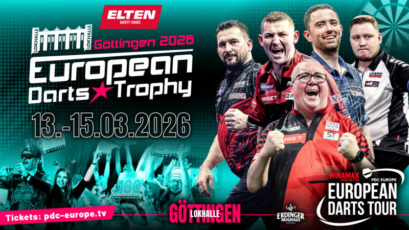 Eventgrafik der European Darts Trophy 2026 in der Lokhalle in Göttingen. Zeigt Jonny Clayton, Nathan Aspinall, Luke Humphries, Martin Schindler und Stephen Bunting.