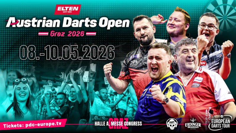 Eventgrafik der Austrian Darts Open in der Halle A, Messe Congress in Graz. Zeigt Jonny Clayton, Martin Schindler, Gian van Veen, Luke Littler und Mensur Suljovic.