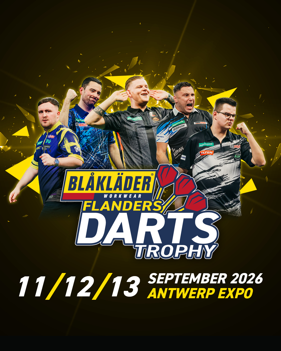 Eventgrafik der Blåkläder Flanders Darts Trophy 2026 in der Antwerp Expo in Antwerpen. Zeigt Luke Littler, Luke Humphries, Mike De Decker, Gerwyn Price und Gian van Veen.