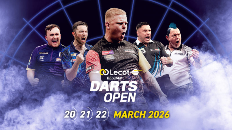 Eventgrafik der Lecot Belgian Darts Open in den Oktoberhallen in Lebbeke. Zeigt Luke Littler, Luke Humphries, Mike De Decker, Gerwyn Price und Peter Wright.