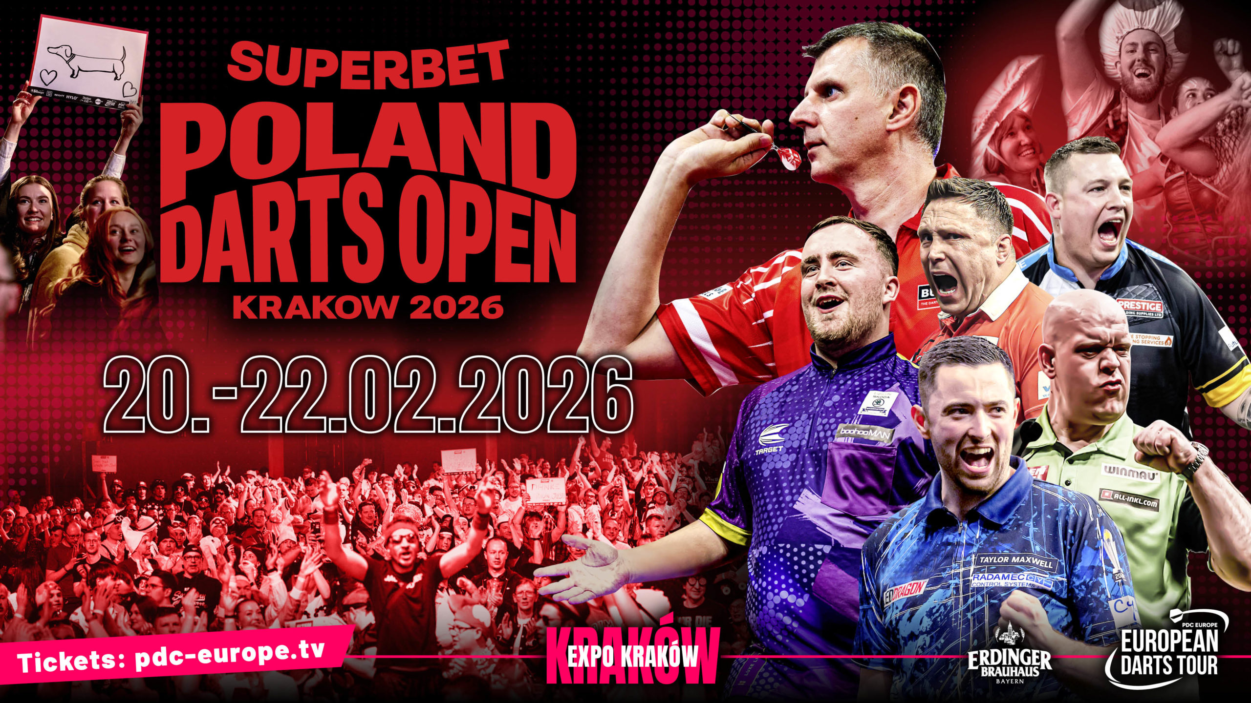Eventgrafik der Poland Darts Open 2026 im EXPO Kraków in Krakau. Zeigt Krzysztof Ratajski, Luke Littler, Gerwyn Price, Chris Dobey, Luke Humphries und Michael van Gerwen.
