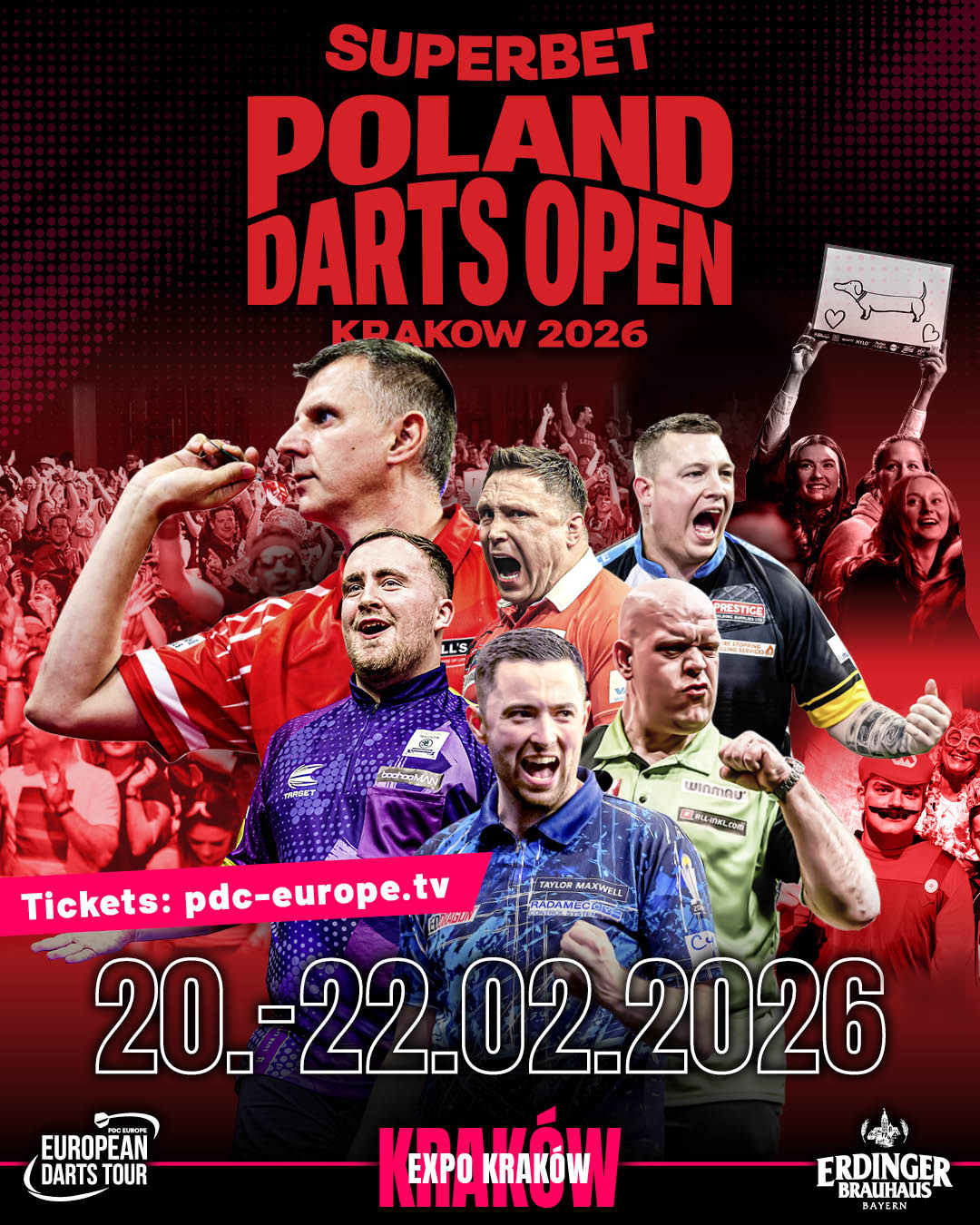 Eventgrafik der Poland Darts Open 2026 im EXPO Kraków in Krakau. Zeigt Krzysztof Ratajski, Luke Littler, Gerwyn Price, Chris Dobey, Luke Humphries und Michael van Gerwen.