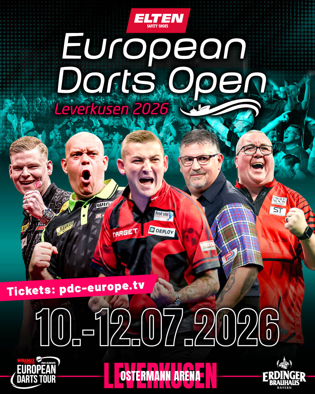 Eventgrafik der European Darts Open 2026 in der Ostermann Arena in Leverkusen. Zeigt Mike De Decker, Michael van Gerwen, Nathan Aspinall, Gary Anderson und Stephen Bunting.