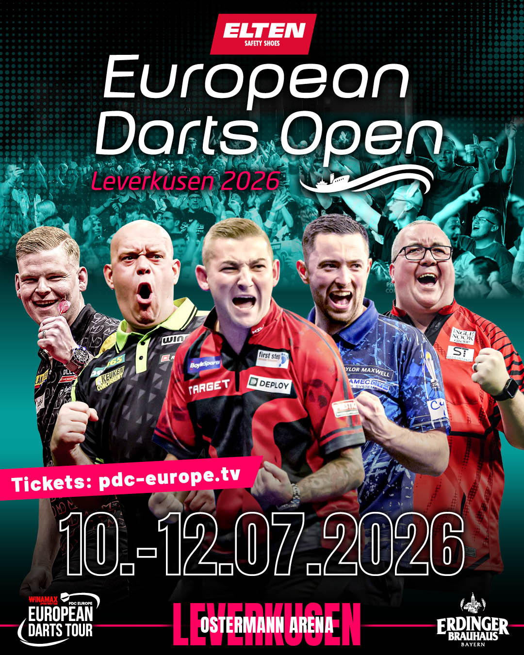 Eventgrafik der European Darts Open in der Ostermann-Arena in Leverkusen. Zeigt Mike De Decker, Michael van Gerwen, Nathan Aspinall, Luke Humphries und Stephen Bunting.
