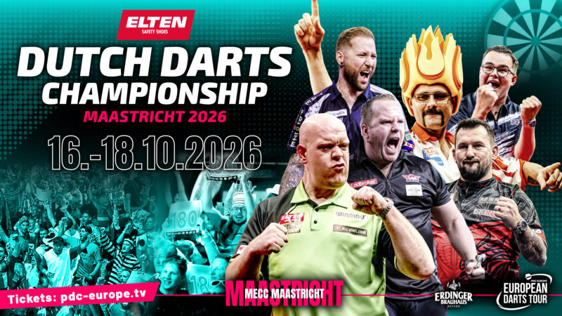 Eventgrafik der Elten Safety Shoes Dutch Darts Championship im MECC Maastricht in Maastricht. Zeigt Michael van Gerwen, Danny Noppert, Dirk van Duijvenbode, Damon Heta, Jonny Clayton und Gian van Veen.