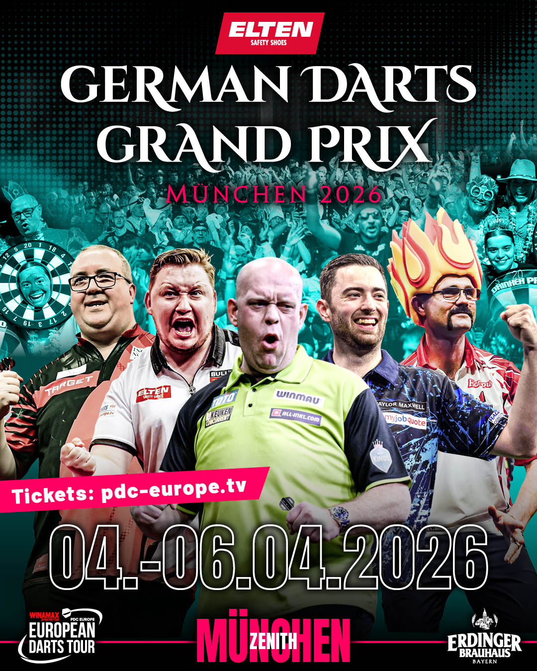Eventgrafik des German Darts Grand Prix 2026 im Zenith in München. Zeigt Stephen Bunting, Martin Schindler, Michael van Gerwen, Luke Humphries und Damon Heta.