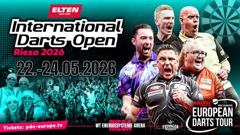 Eventgrafik der International Darts Open 2026 in der WT Energiesysteme Arena in Riesa. Zeigt Luke Humphries, Wessel Nijman, Gerwyn Price, Stephen Bunting und Michael van Gerwen.