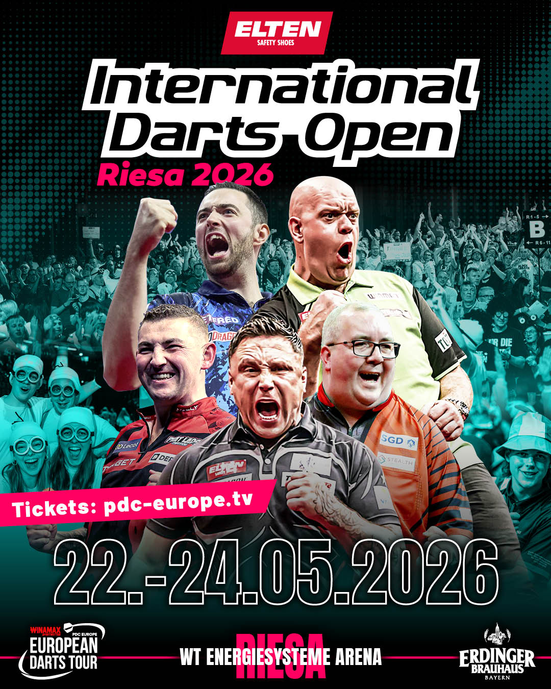 Eventgrafik der International Darts Open in der WT Energiesysteme Arena in Riesa. Zeigt Luke Humphries, Nathan Aspinall, Gerwyn Price, Stephen Bunting und Michael van Gerwen.