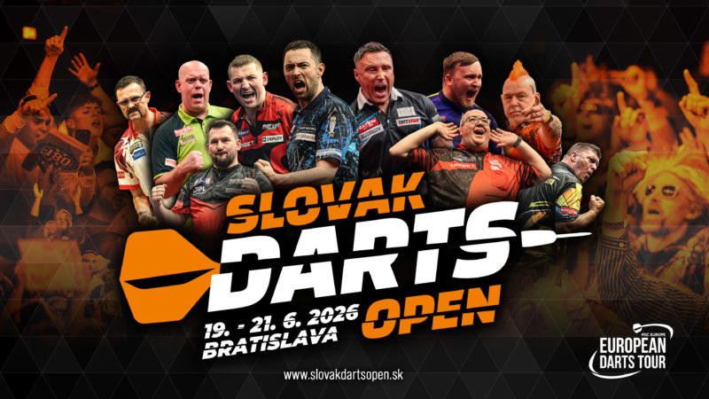 Eventgrafik der Slovak Darts Open in der Incheba Expo in Bratislava. Zeigt Damon Heta, Michael van Gerwen, Nathan Aspinall, Luke Humphries, Gerwyn Price, Luke Littler, Peter Wright, Jonny Clayton, Stephen Bunting, Daryl Gurney.
