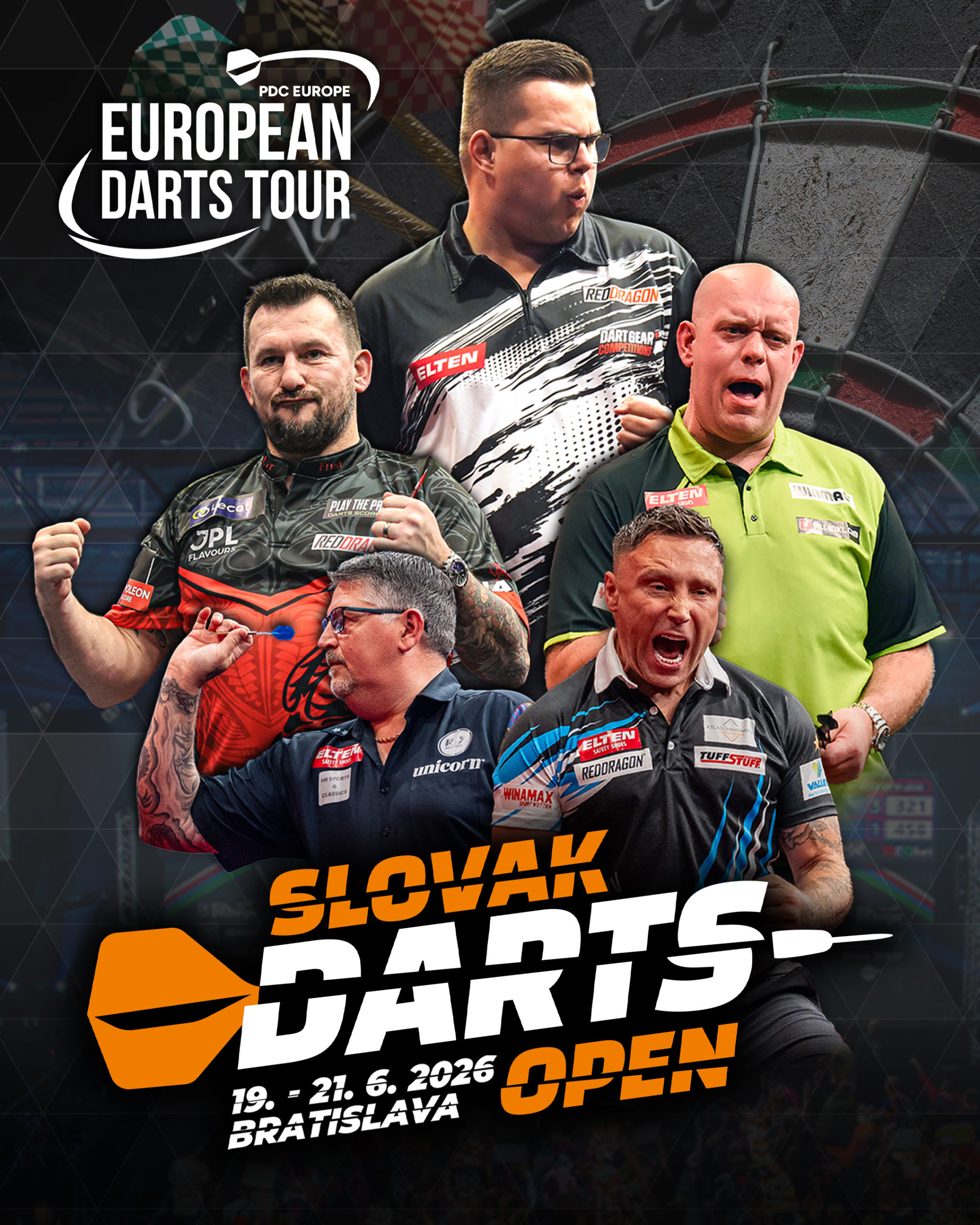Eventgrafik der Slovak Darts Open 2026 im Incheba Expo in Bratislava. Zeigt Gary Anderson, Jonny Clayton, Gian van Veen, Michael van Gerwen und Gerwyn Price.