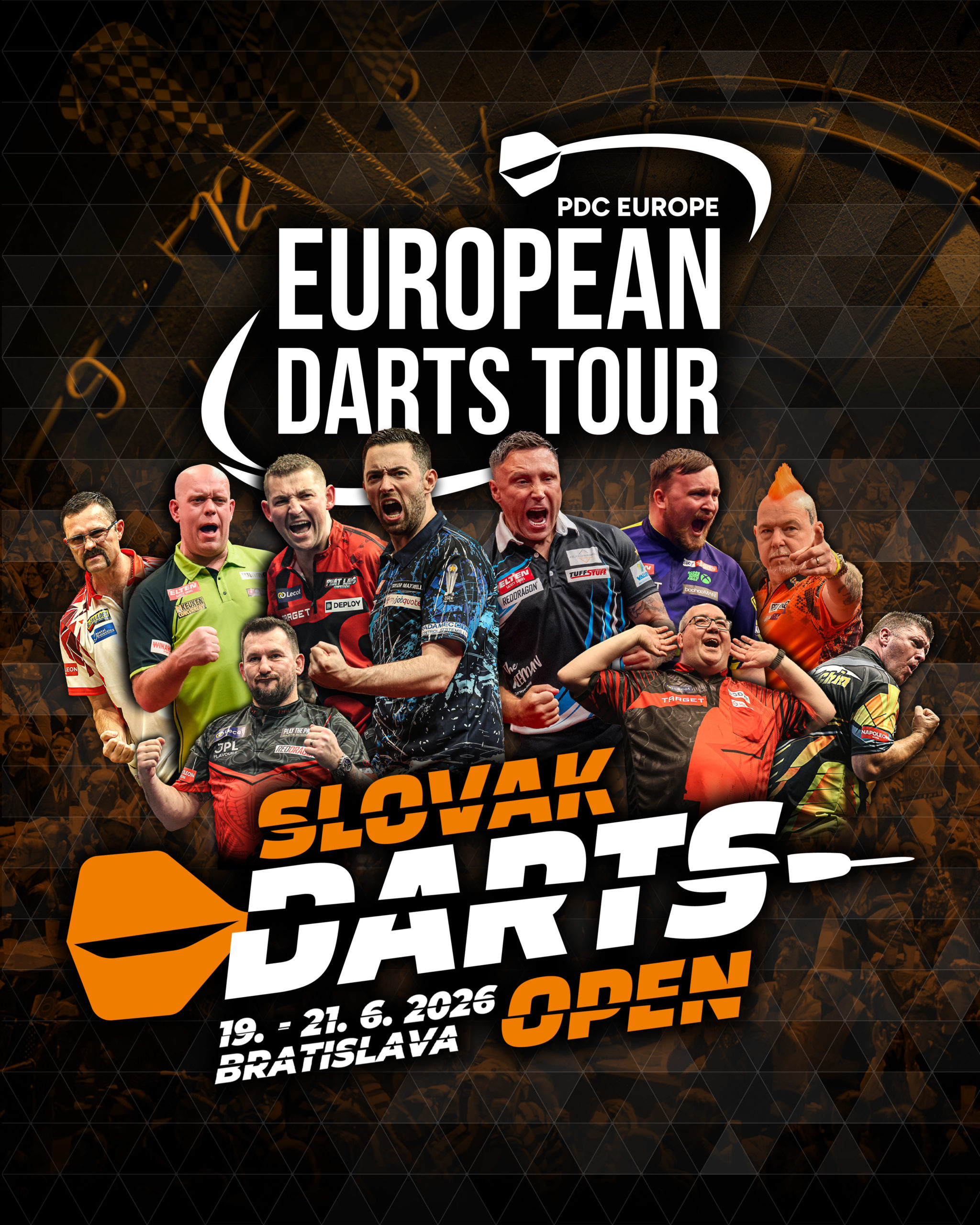Eventgrafik der Slovak Darts Open in der Incheba Expo in Bratislava. Zeigt Damon Heta, Michael van Gerwen, Nathan Aspinall, Luke Humphries, Gerwyn Price, Luke Littler, Peter Wright, Jonny Clayton, Stephen Bunting, Daryl Gurney.