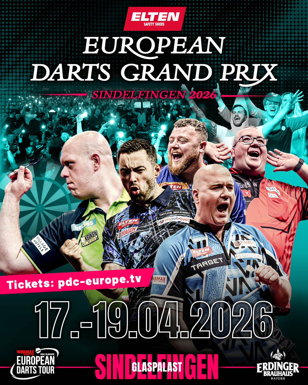 Eventgrafik des European Darts Grand Prix im Glaspalast in Sindelfingen. Zeigt Michael van Gerwen, Luke Humphries, Rob Cross, Josh Rock und Stephen Bunting.
