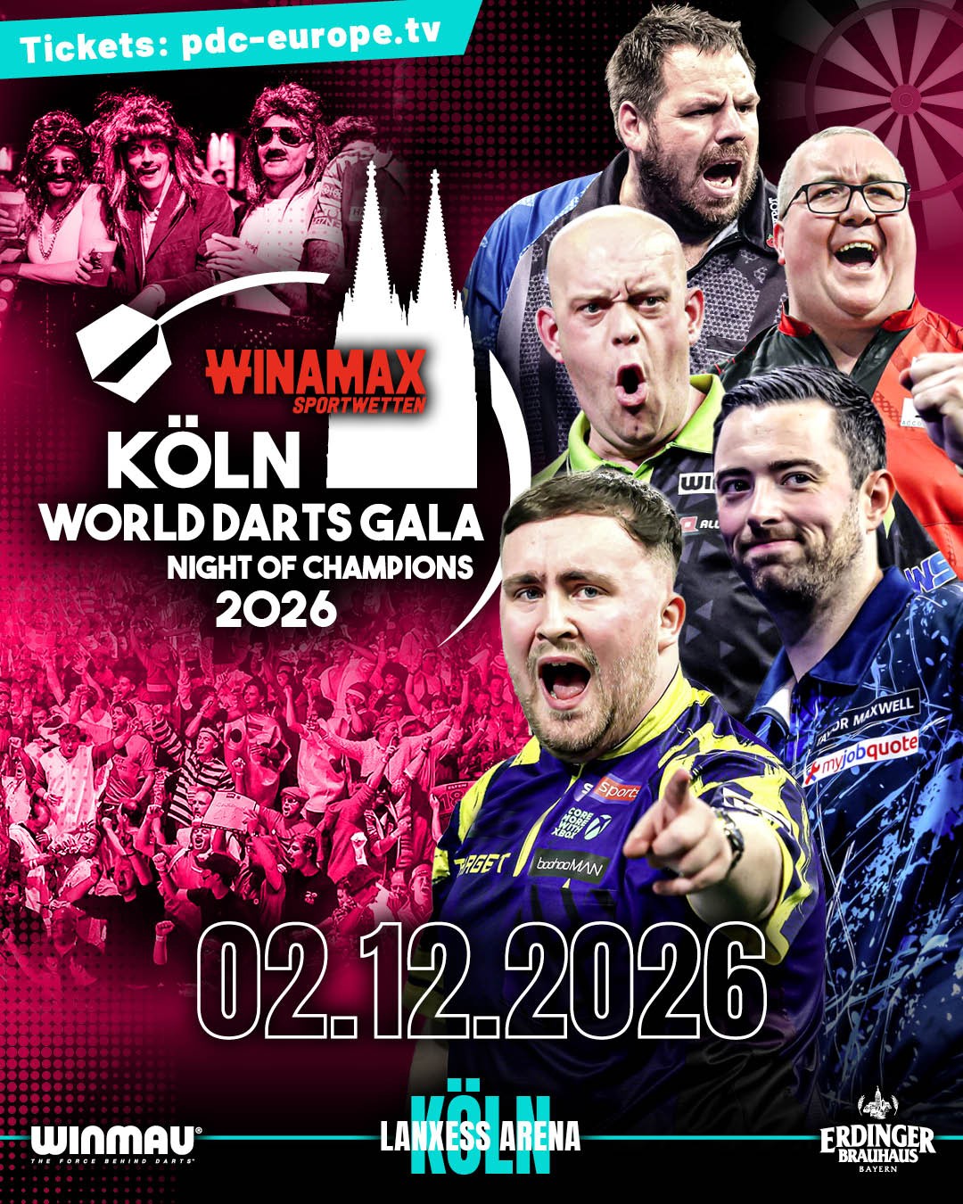Eventgrafik der Winamax Köln World Darts Gala in der LANXESS arena in Köln. Zeigt Luke Littler, Michael van Gerwen, Luke Humphries, Adrian Lewis und Stephen Bunting.