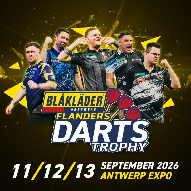 Eventgrafik der Blåkläder Flanders Darts Trophy 2026 in der Antwerp Expo in Antwerpen. Zeigt Luke Littler, Luke Humphries, Mike De Decker, Gerwyn Price und Gian van Veen.
