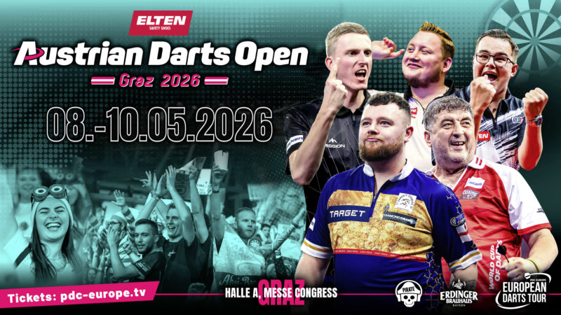 Eventgrafik der Austrian Darts Open 2026 in der Halle A im Messe Congress Graz. Zeigt Wessel Nijman, Martin Schindler, Gian van Veen, Josh Rock und Mensur Suljovic.
