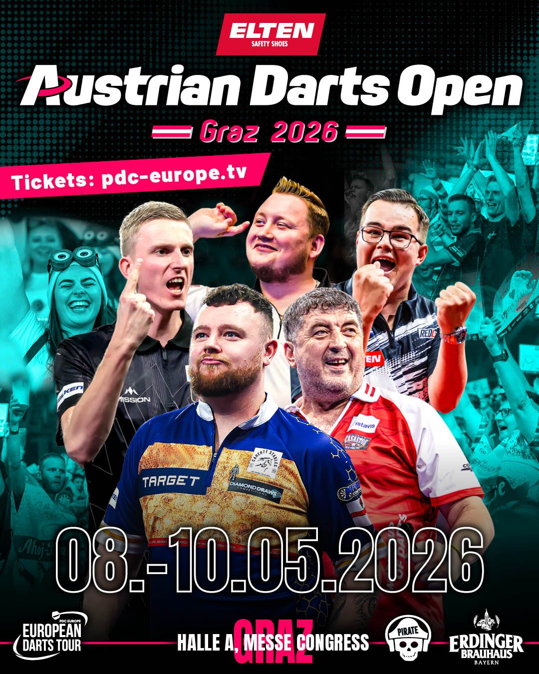Eventgrafik der Austrian Darts Open 2026 in der Halle A im Messe Congress Graz. Zeigt Wessel Nijman, Martin Schindler, Gian van Veen, Josh Rock und Mensur Suljovic.