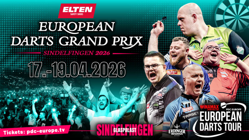 Eventgrafik des European Darts Grand Prix im Glaspalast in Sindelfingen. Zeigt Michael van Gerwen, Gian van Veen, Rob Cross, Josh Rock und Stephen Bunting.