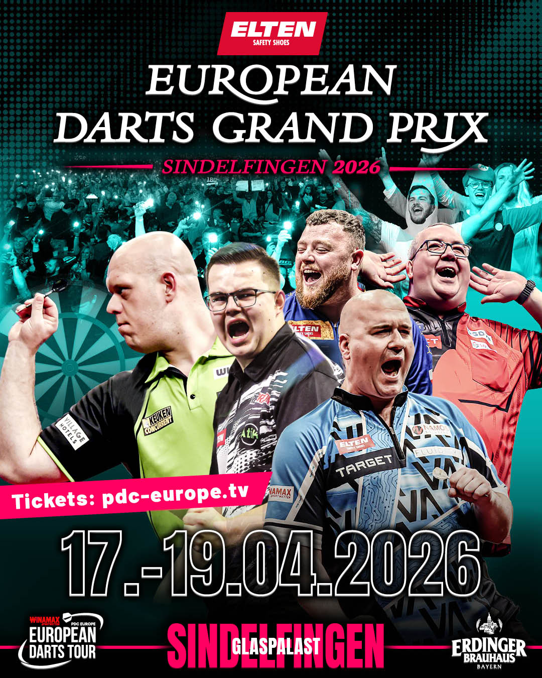 Eventgrafik des European Darts Grand Prix im Glaspalast in Sindelfingen. Zeigt Michael van Gerwen, Gian van Veen, Rob Cross, Josh Rock und Stephen Bunting.