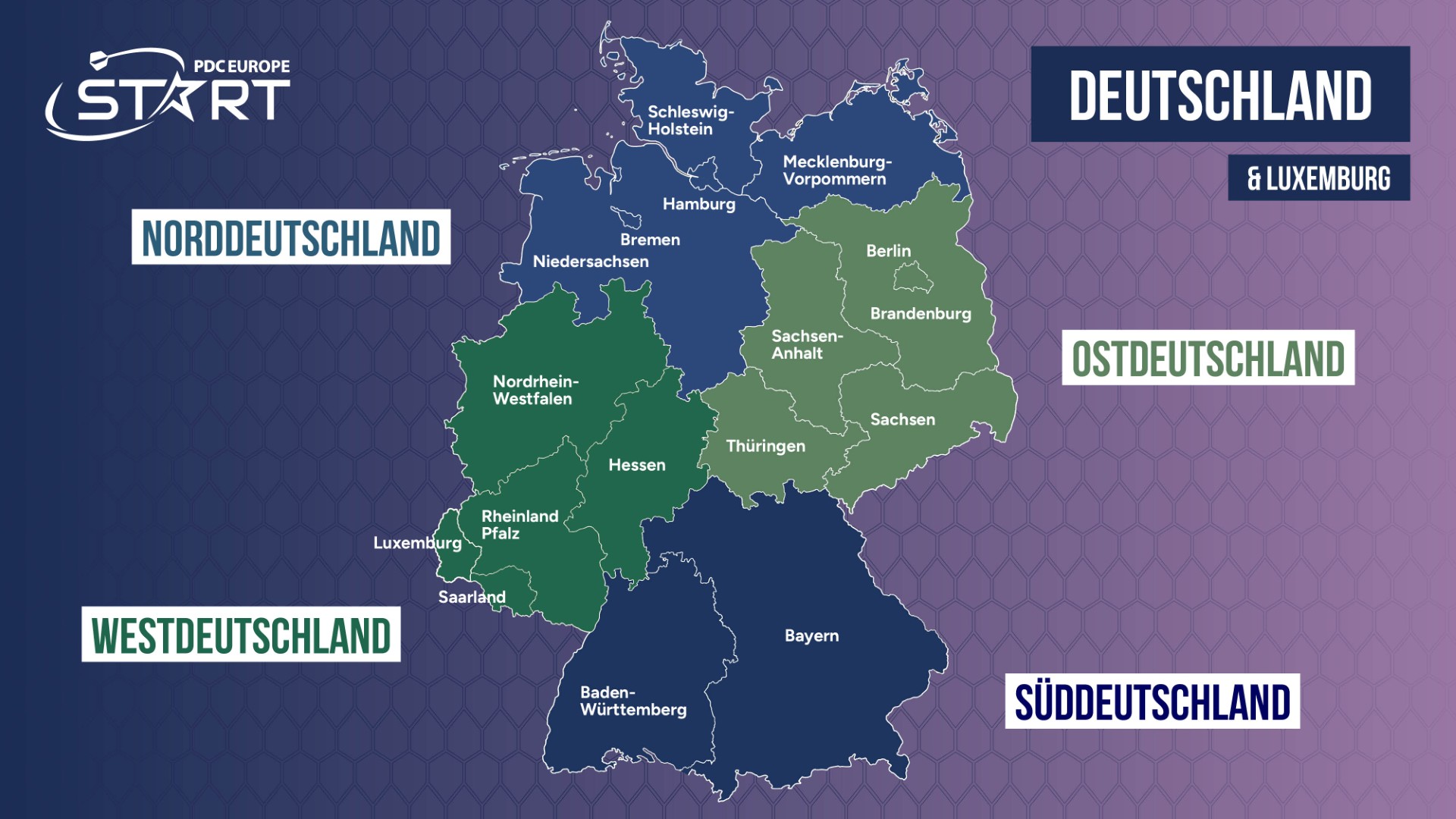 Regionen von PDCE Start in Deutschland sowie Luxemburg.