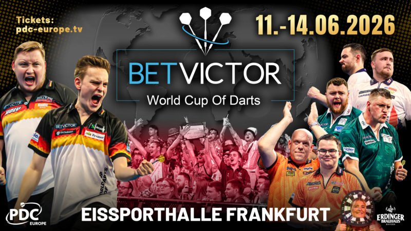 Eventgrafik des BetVictor World Cup of Darts 2026 in der Eissporthalle Frankfurt. Zeigt Martin Schindler, Ricardo Pietreczko, Josh Rock, Daryl Gurney, Michael van Gerwen, Gian van Veen, Luke Humphries und Luke Littler.