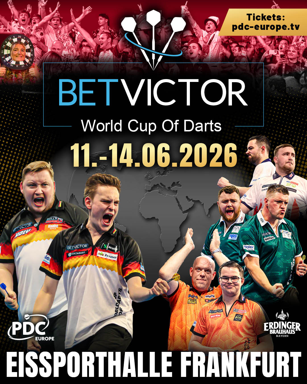 Eventgrafik des BetVictor World Cup of Darts 2026 in der Eissporthalle Frankfurt. Zeigt Martin Schindler, Ricardo Pietreczko, Josh Rock, Daryl Gurney, Michael van Gerwen, Gian van Veen, Luke Humphries und Luke Littler.