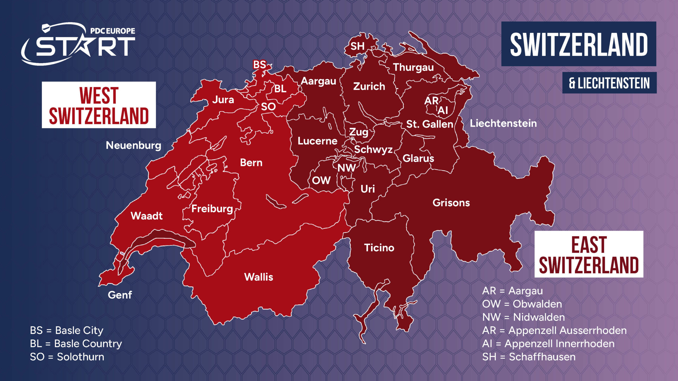 Regions of PDCE Start in Switzerland and Liechtenstein.