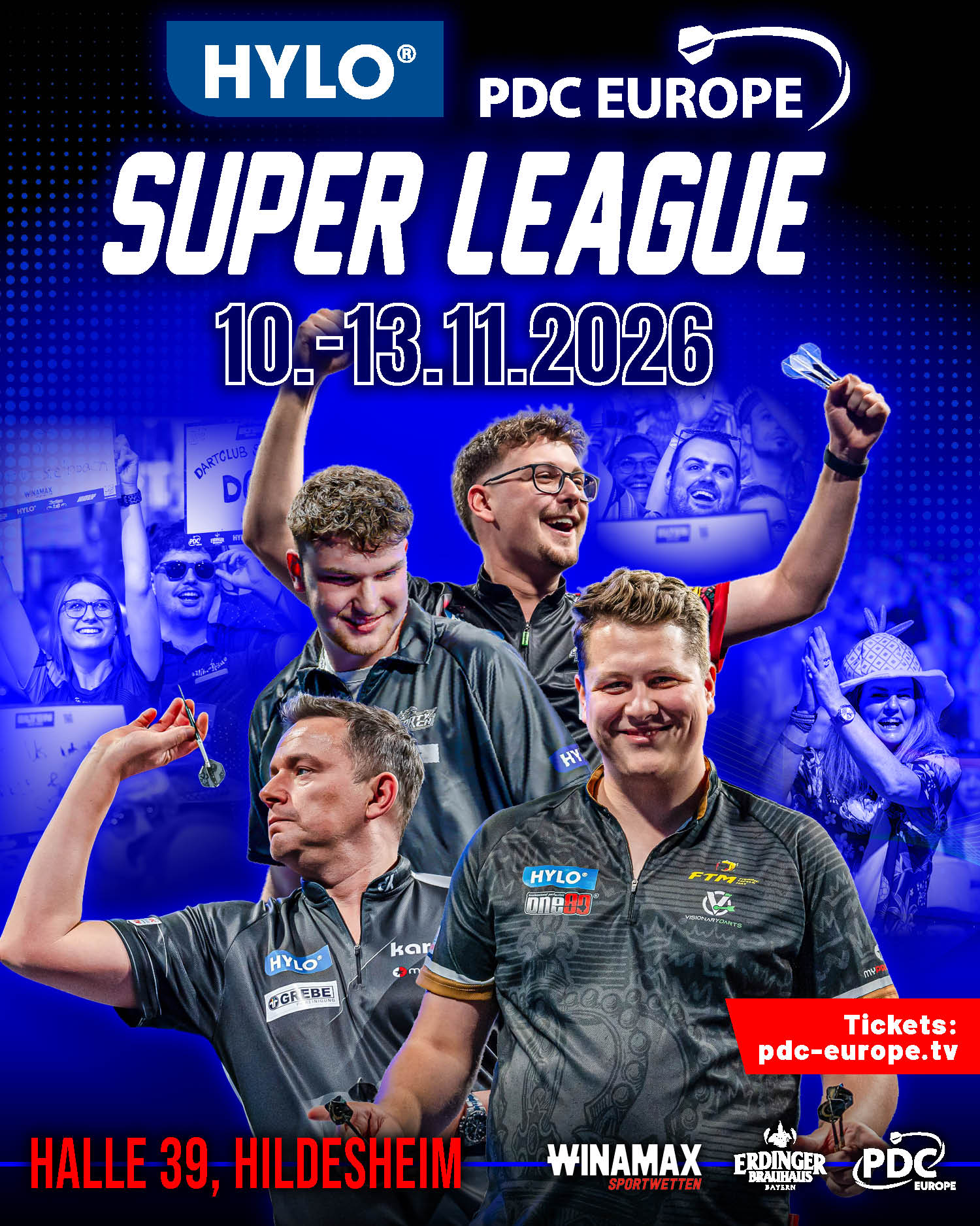 Eventgrafik der HYLO PDC Europe Super League 2026 in der Halle 39 in Hildesheim. Zeigt Jarod Becker, Paul Krohne, Mika Donnevert und Daniel Klose.