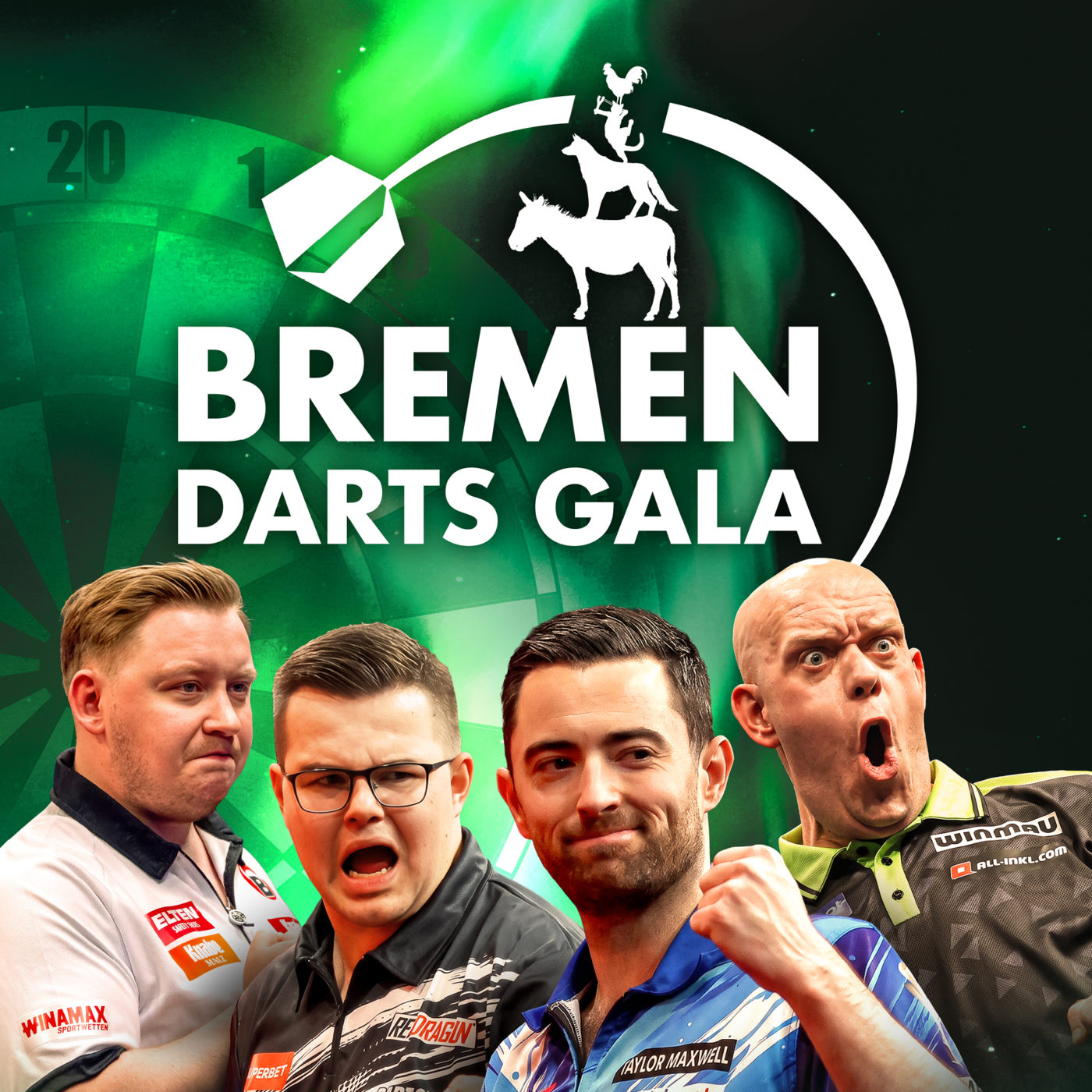 Eventgrafik der Bremen Darts Gala 2026 in der ÖVB-Arena. Zeigt Martin Schindler, Gian van Veen, Luke Humphries und Michael van Gerwen.