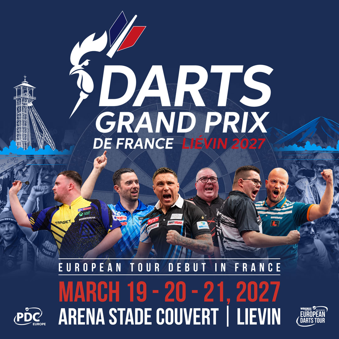 Eventgrafik des Darts Grand Prix de France 2027. Zeigt Luke Littler, Luke Humphries, Gerwyn Price, Stephen Bunting, Gian van Veen und Thibault Tricole.