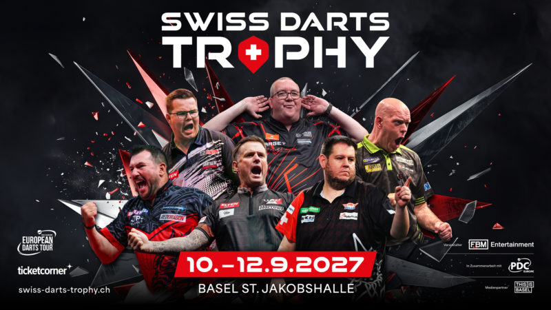 Eventgrafik der Swiss Darts Trophy 2027. Zeigt Gian van Veen, Stephen Bunting, Michael van Gerwen, Jonny Clayton, Luke Woodhouse und Stefan Bellmont.