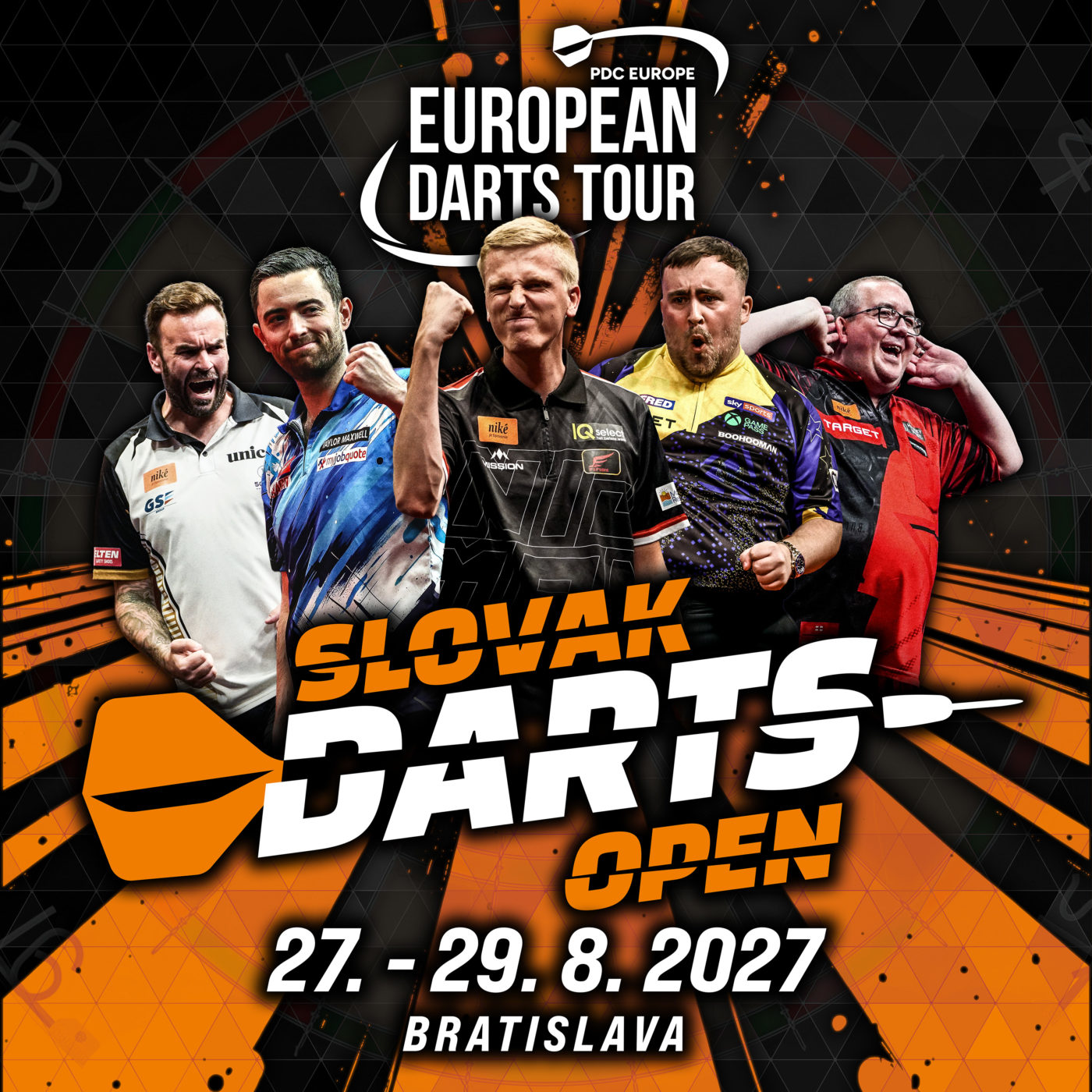 Eventgrafik der Slovak Darts Open 2027. Zeigt Ross Smith, Luke Humphries, Wessel Nijman, Luke Littler und Stephen Bunting.