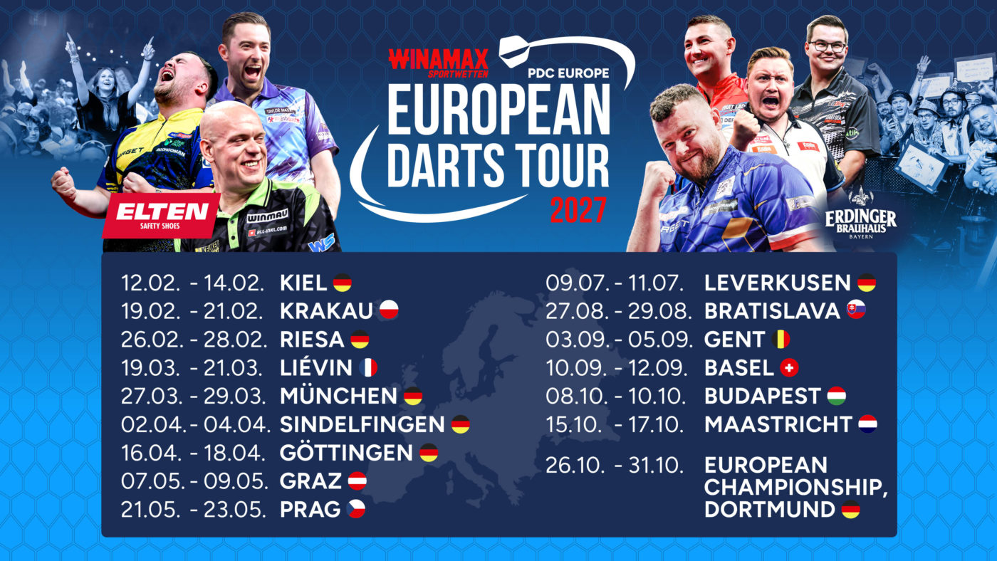 Termine und Orte der PDC European Darts Tour 2027.