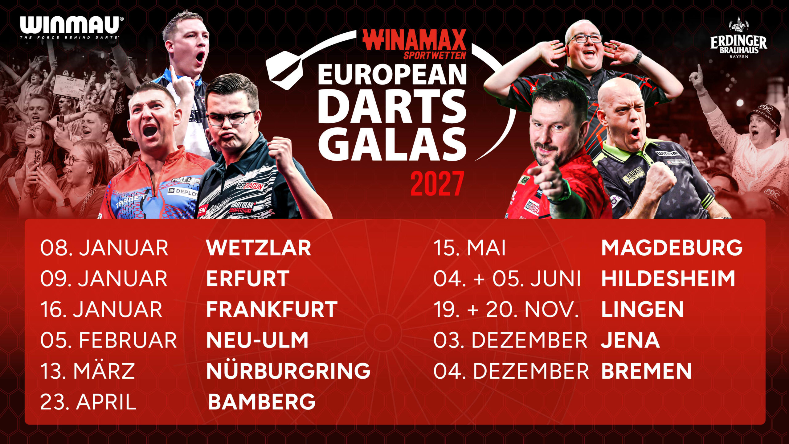 Termine und Orte der PDC European Darts Galas 2027.