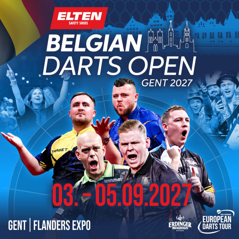 Eventgrafik der Belgian Darts Open 2027. Zeigt Luke Littler, Josh Rock, Chris Dobey, Michael van Gerwen und Mike De Decker.