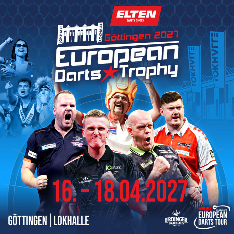 Eventgrafik der European Darts Trophy 2027. Zeigt Dirk van Duijvenbode, Damon Heta, Niko Springer, Wessel Nijman und Michael van Gerwen.