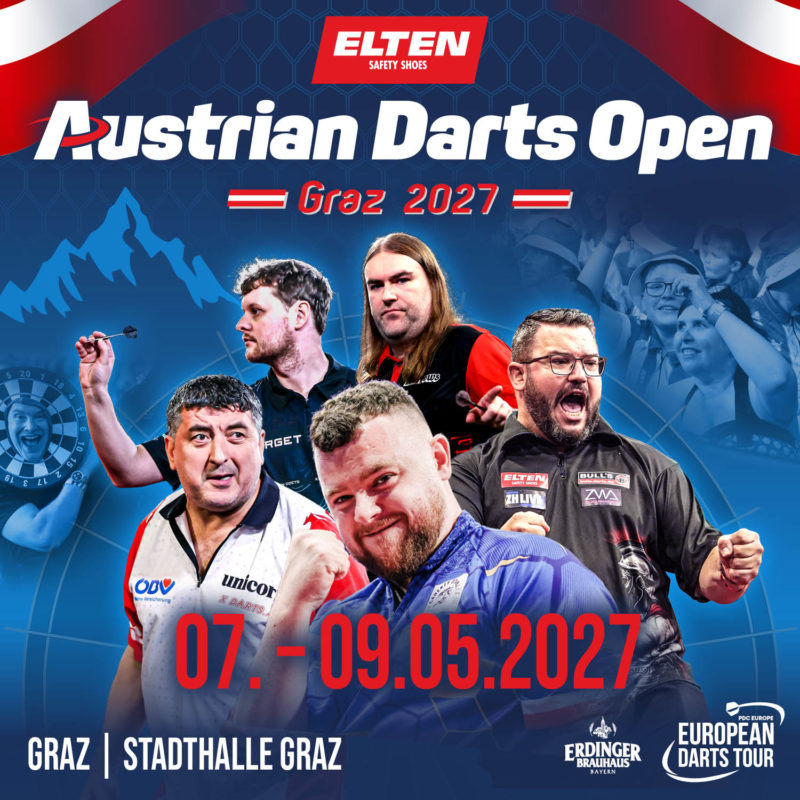 Eventgrafik der Austrian Darts Open 2027. Zeigt Kevin Doets, Ryan Searle, Cristo Reyes, Mensur Suljovic und Josh Rock.