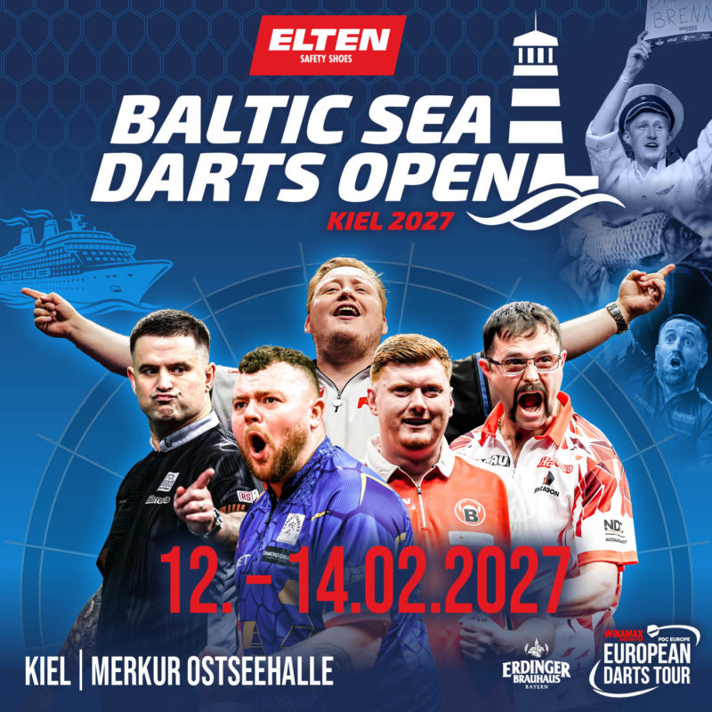 Eventgrafik der Baltic Sea Darts Open 2027. Zeigt Martin Schindler, Luke Woodhouse, Josh Rock, Niko Springer und Damon Heta.