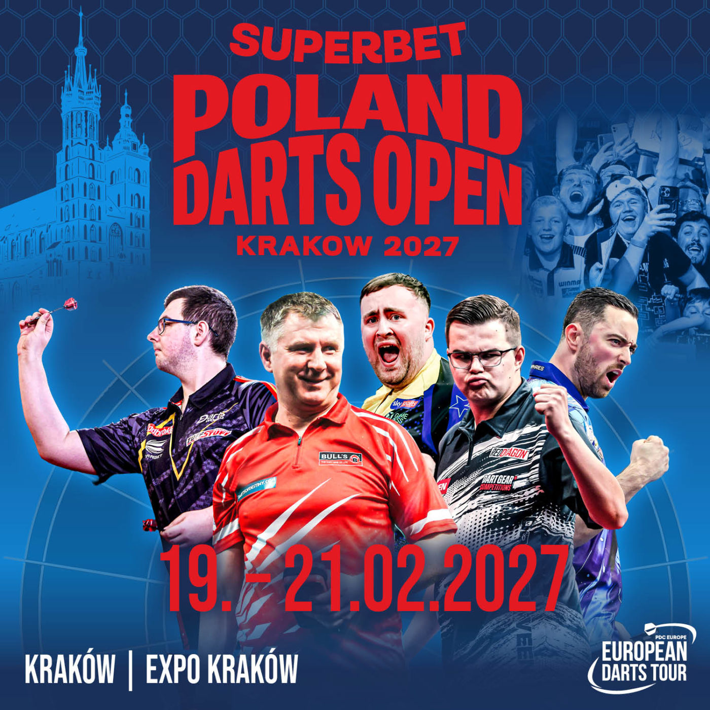 Eventgrafik der Poland Darts Open 2027. Zeigt Sebastian Bialecki, Krzysztof Ratajski, Luke Littler, Gian van Veen und Luke Humphries.