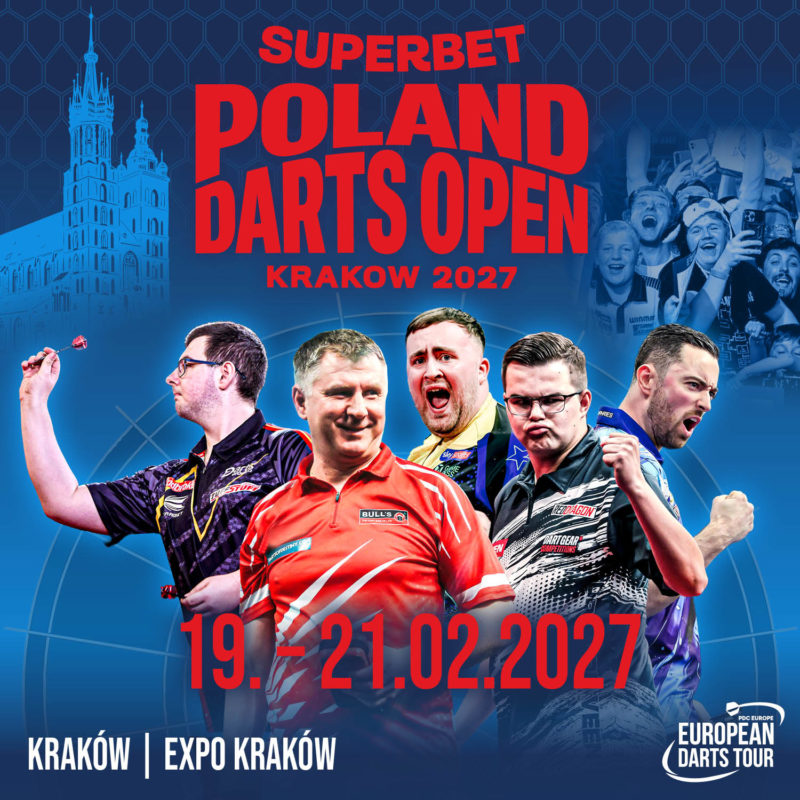 Eventgrafik der Poland Darts Open 2027. Zeigt Sebastian Bialecki, Krzysztof Ratajski, Luke Littler, Gian van Veen und Luke Humphries.